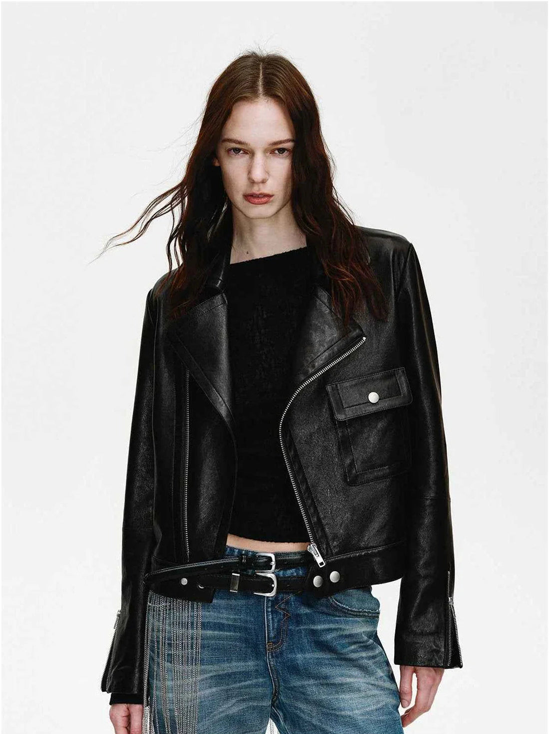 Soft Lightweight Fit cropped lambskin moto jacket - Black front model view