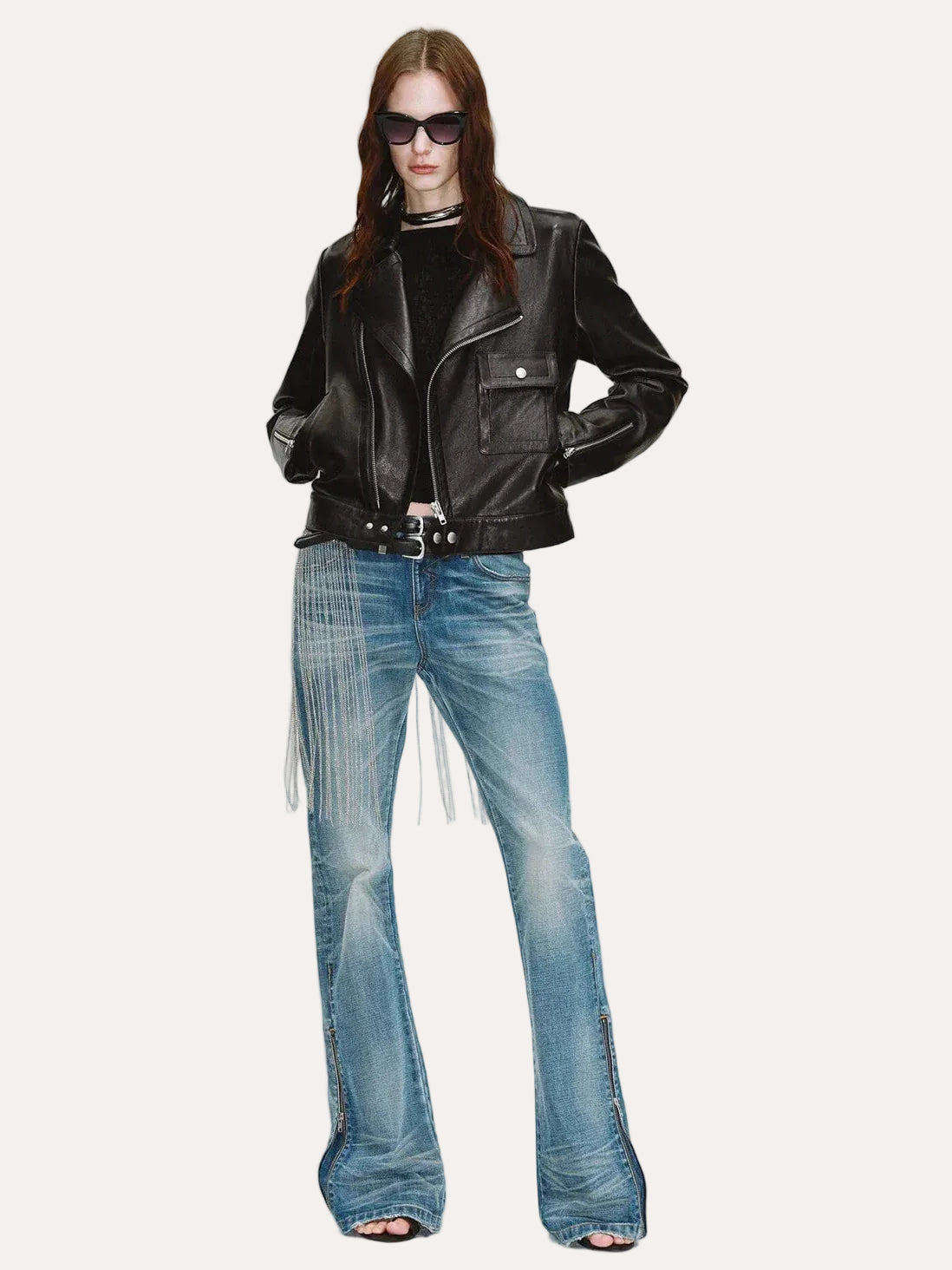 Soft Lightweight Fit cropped lambskin moto jacket - Black full model view