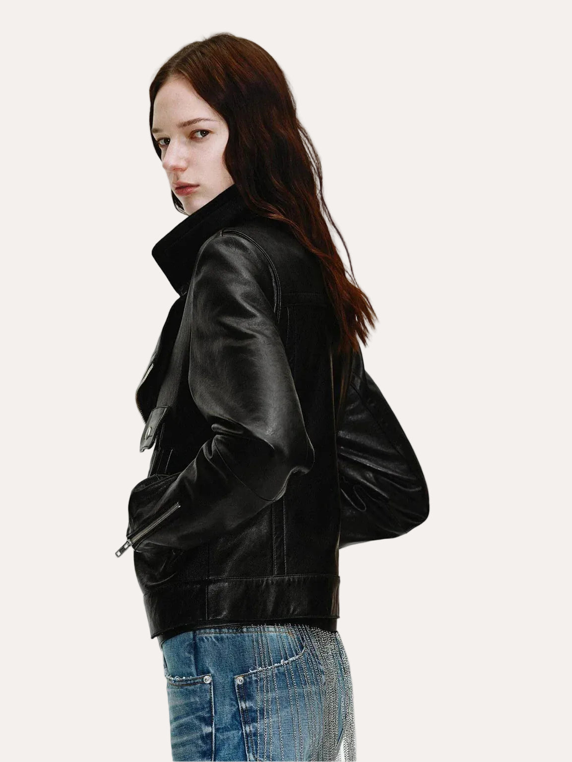 Soft Lightweight Fit cropped lambskin moto jacket - Black side model view