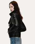 Soft Lightweight Fit cropped lambskin moto jacket - Black side model view