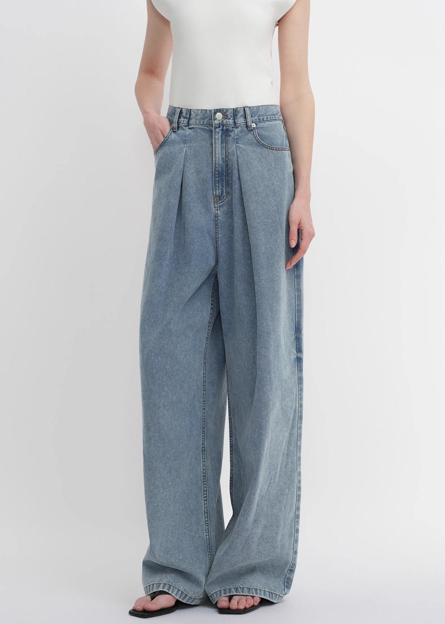 Soft Tencel Cotton Light Structure Pleated Loose Straight Wide Leg Jeans for Women - variant_title