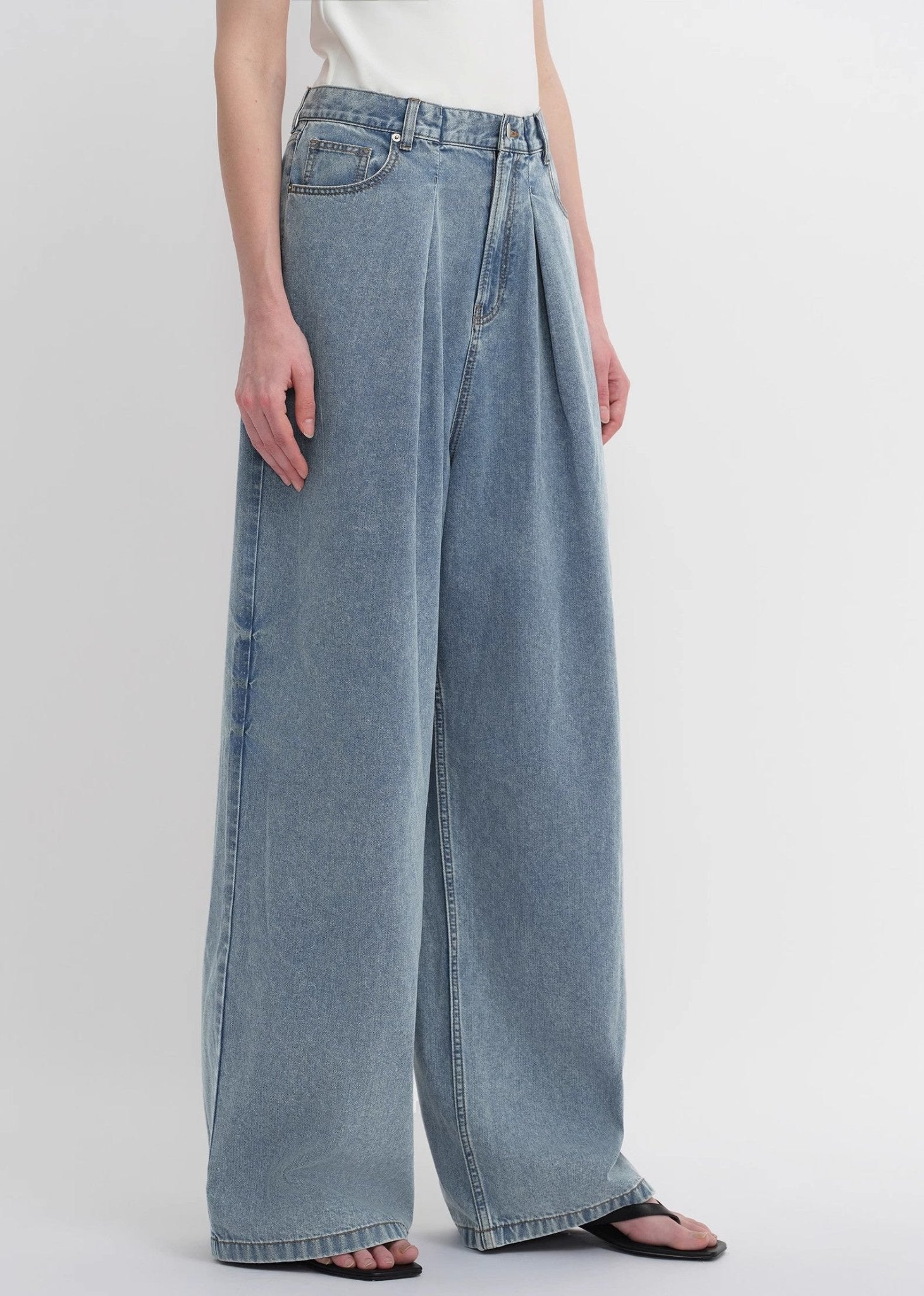 Soft Tencel Cotton Light Structure Pleated Loose Straight Wide Leg Jeans for Women - variant_title