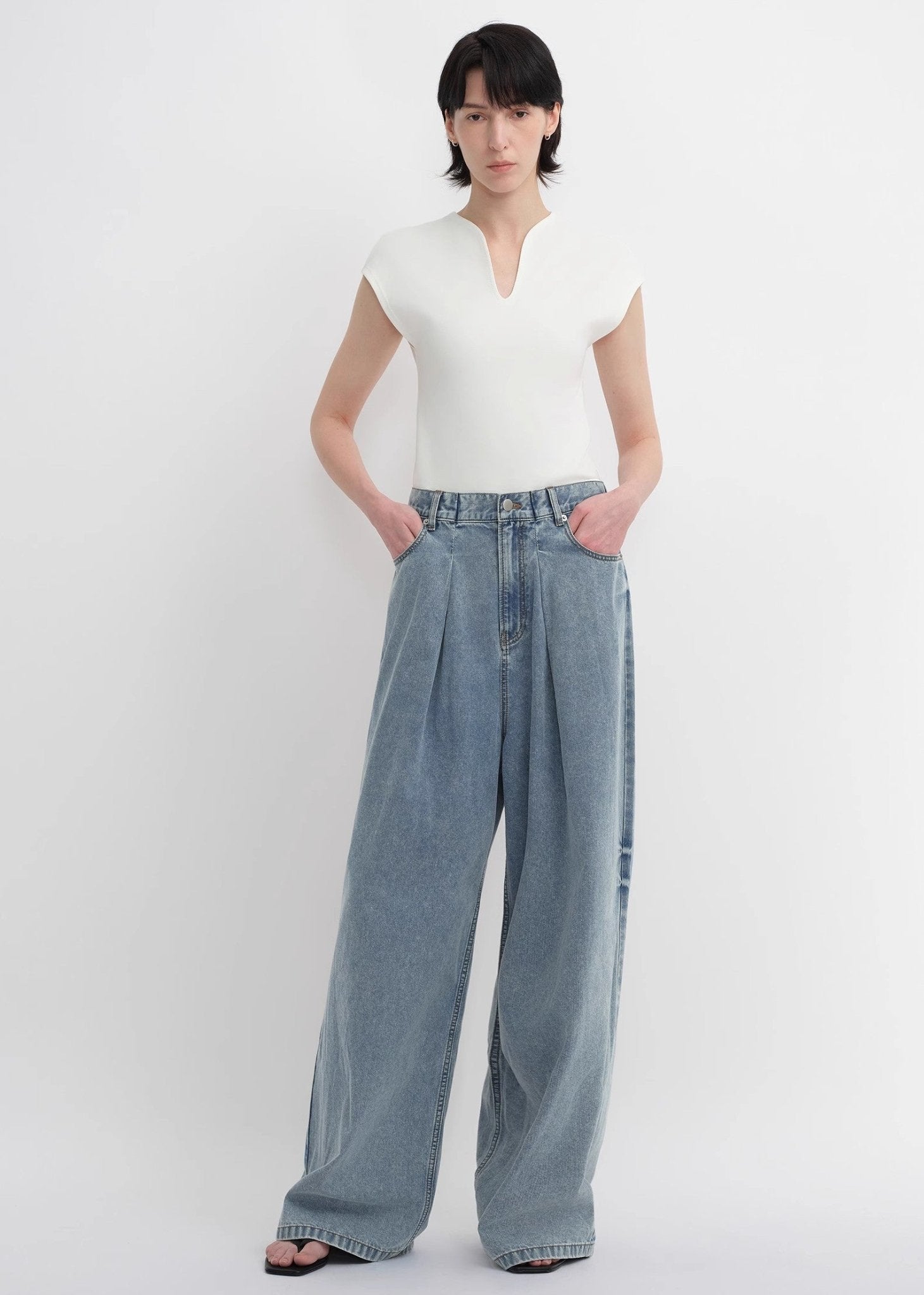 Soft Tencel Cotton Light Structure Pleated Loose Straight Wide Leg Jeans for Women - variant_title