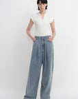 Soft Tencel Cotton Light Structure Pleated Loose Straight Wide Leg Jeans for Women - variant_title