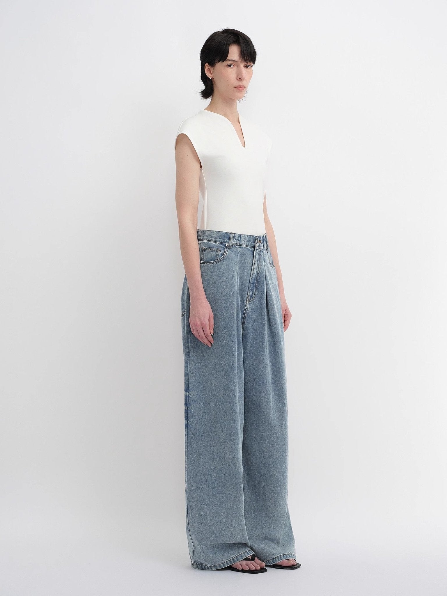 Soft Tencel Cotton Light Structure Pleated Loose Straight Wide Leg Jeans for Women - variant_title