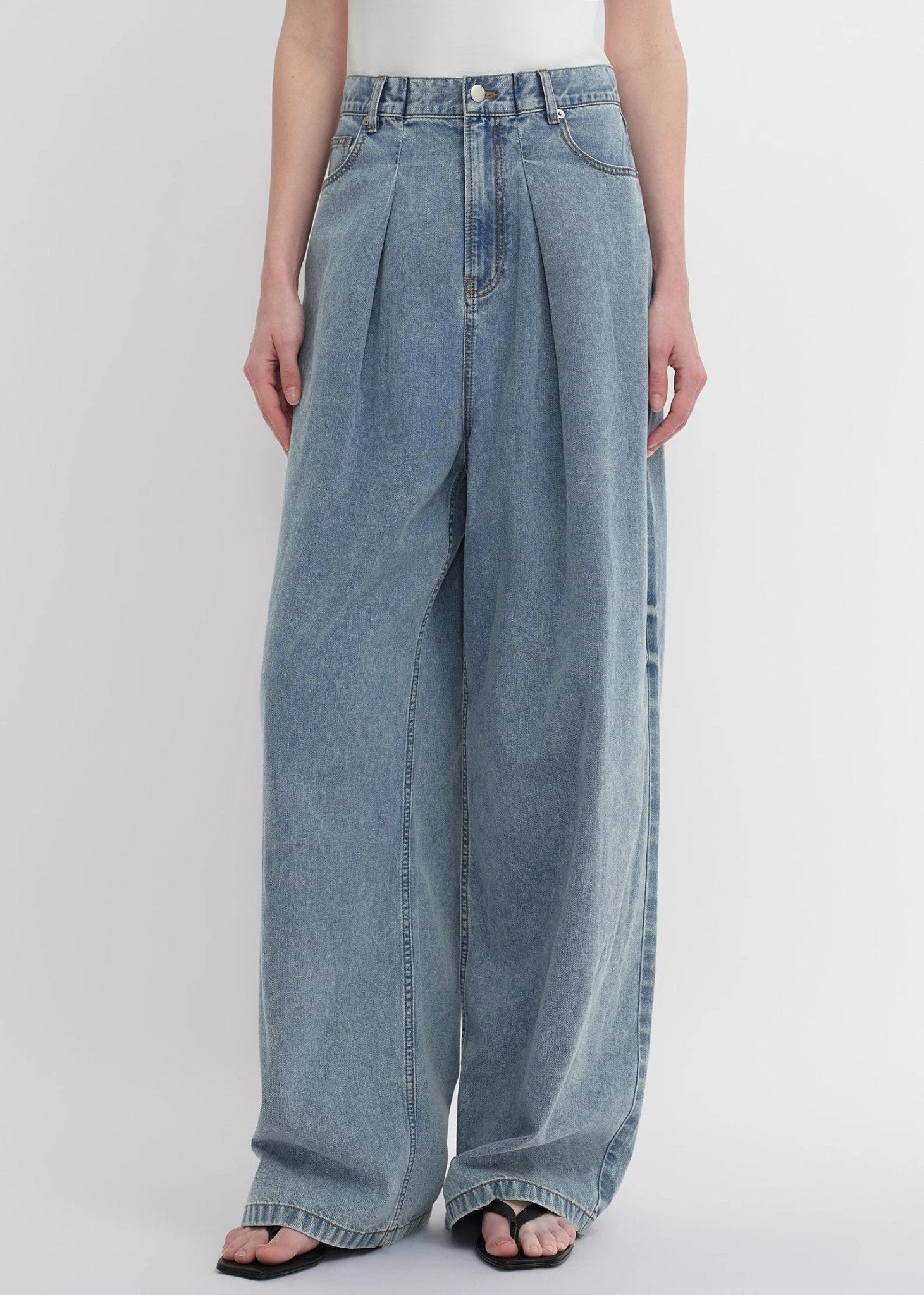 Soft Tencel Cotton Light Structure Pleated Loose Straight Wide Leg Jeans for Women - variant_title