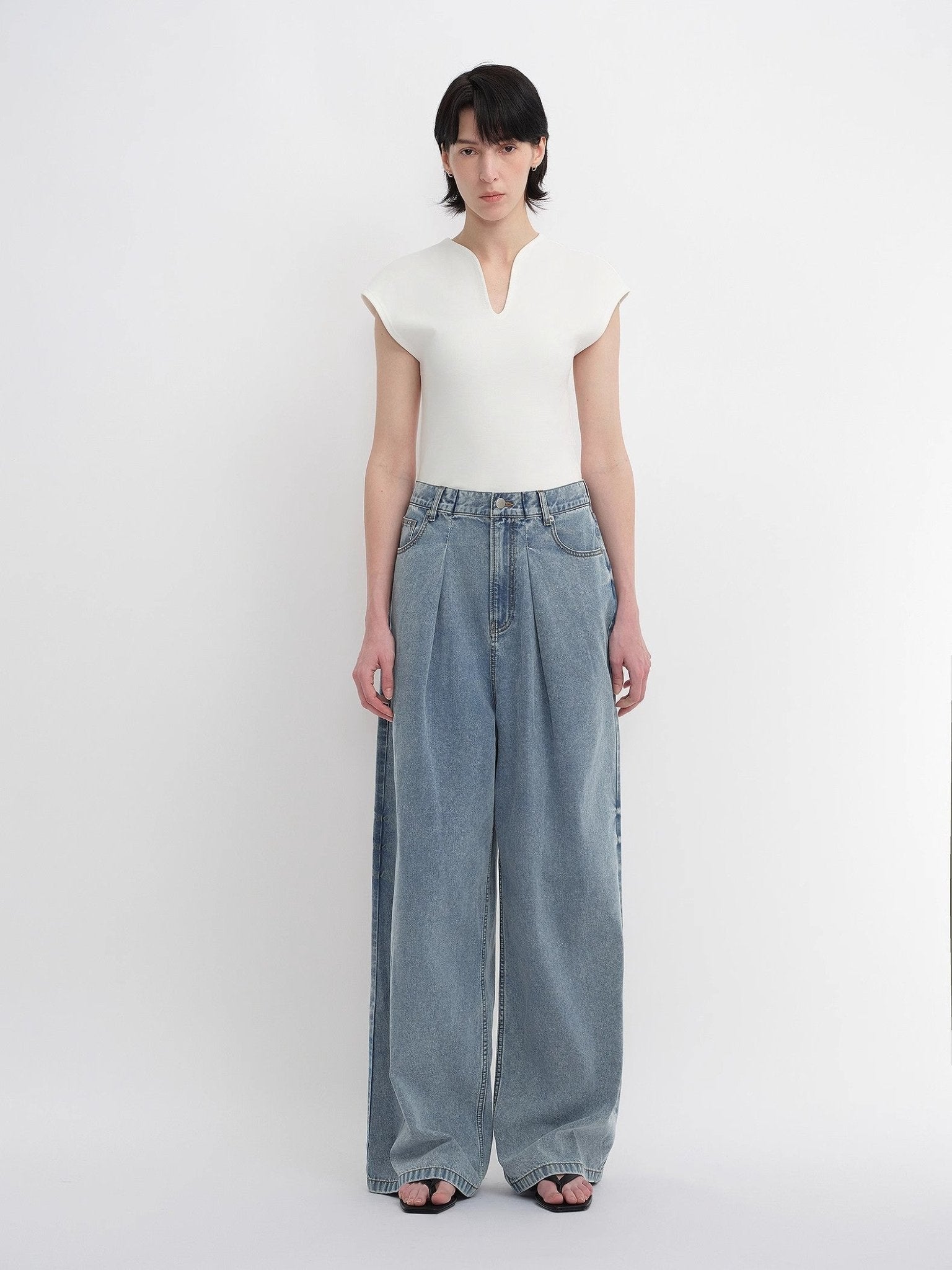 Soft Tencel Cotton Light Structure Pleated Loose Straight Wide Leg Jeans for Women - variant_title