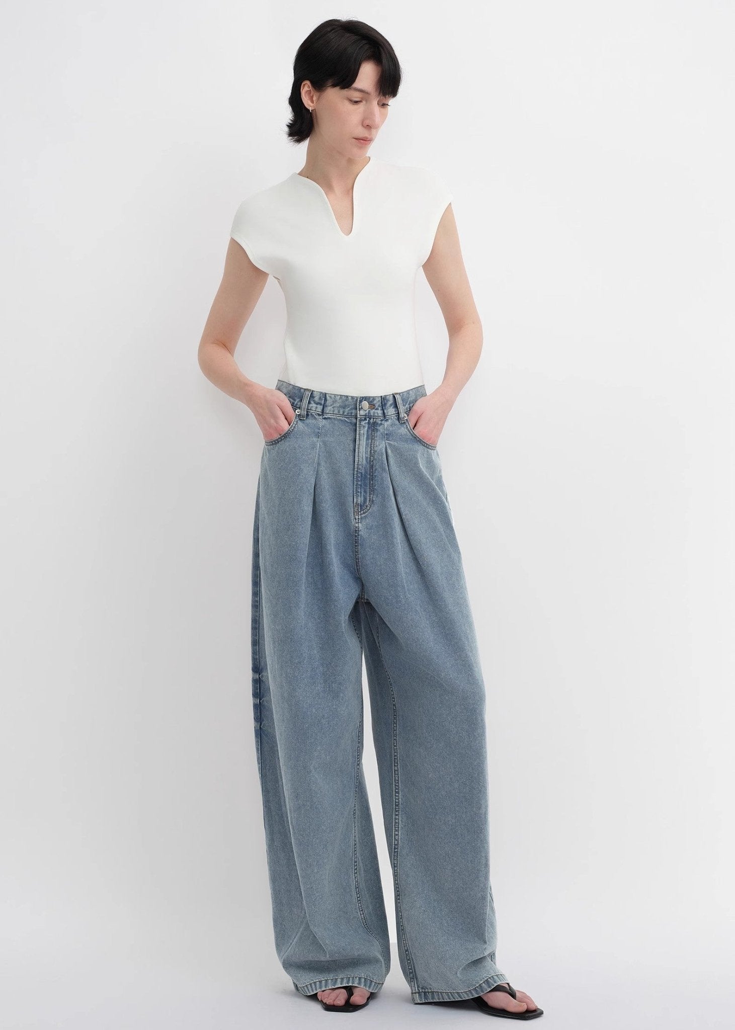 Soft Tencel Cotton Light Structure Pleated Loose Straight Wide Leg Jeans for Women - variant_title