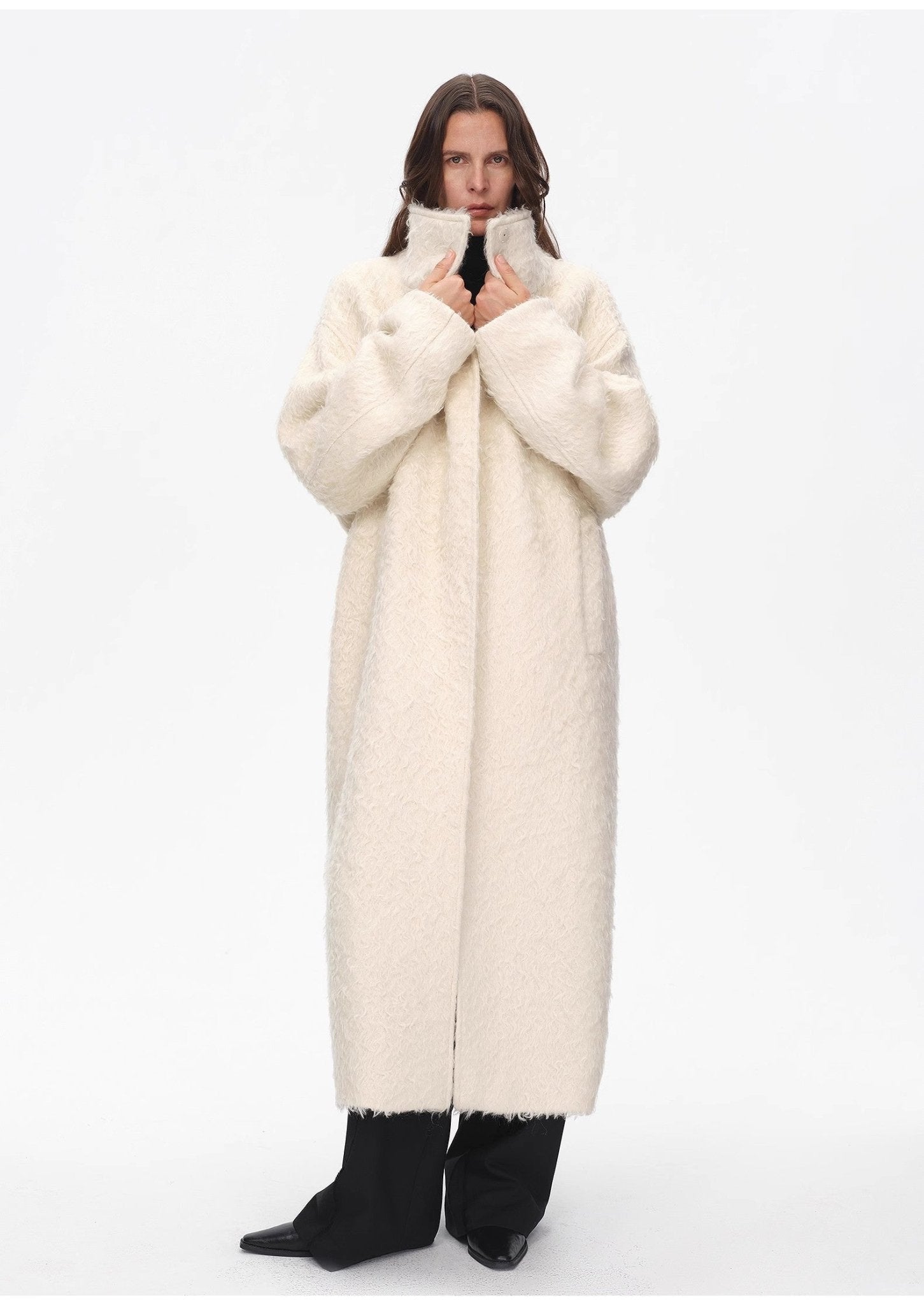 "Song of Snowland"Women's mohair wool stand collar coat autumn and winter loose woolen coat - variant_title