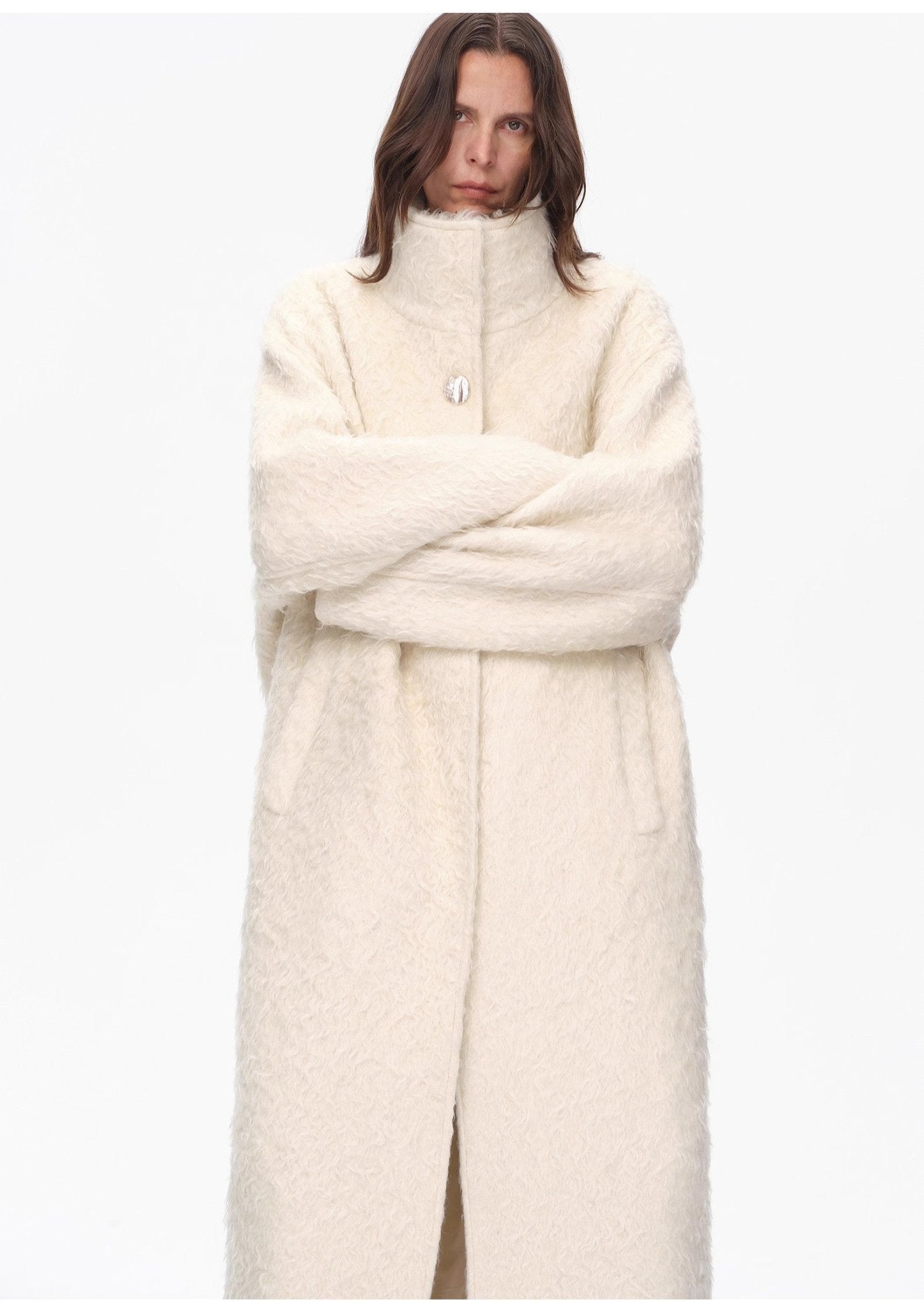 "Song of Snowland"Women's mohair wool stand collar coat autumn and winter loose woolen coat - variant_title