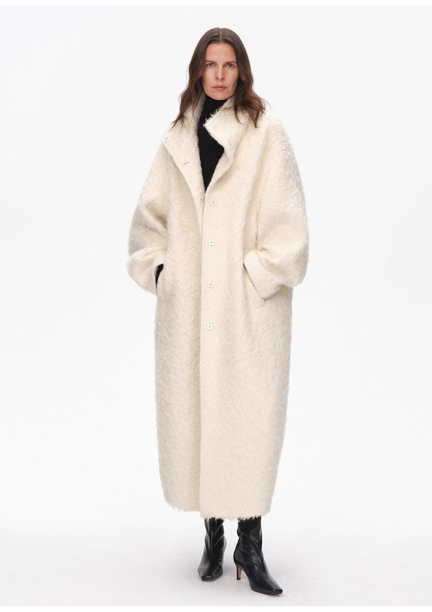 "Song of Snowland"Women's mohair wool stand collar coat autumn and winter loose woolen coat - variant_title