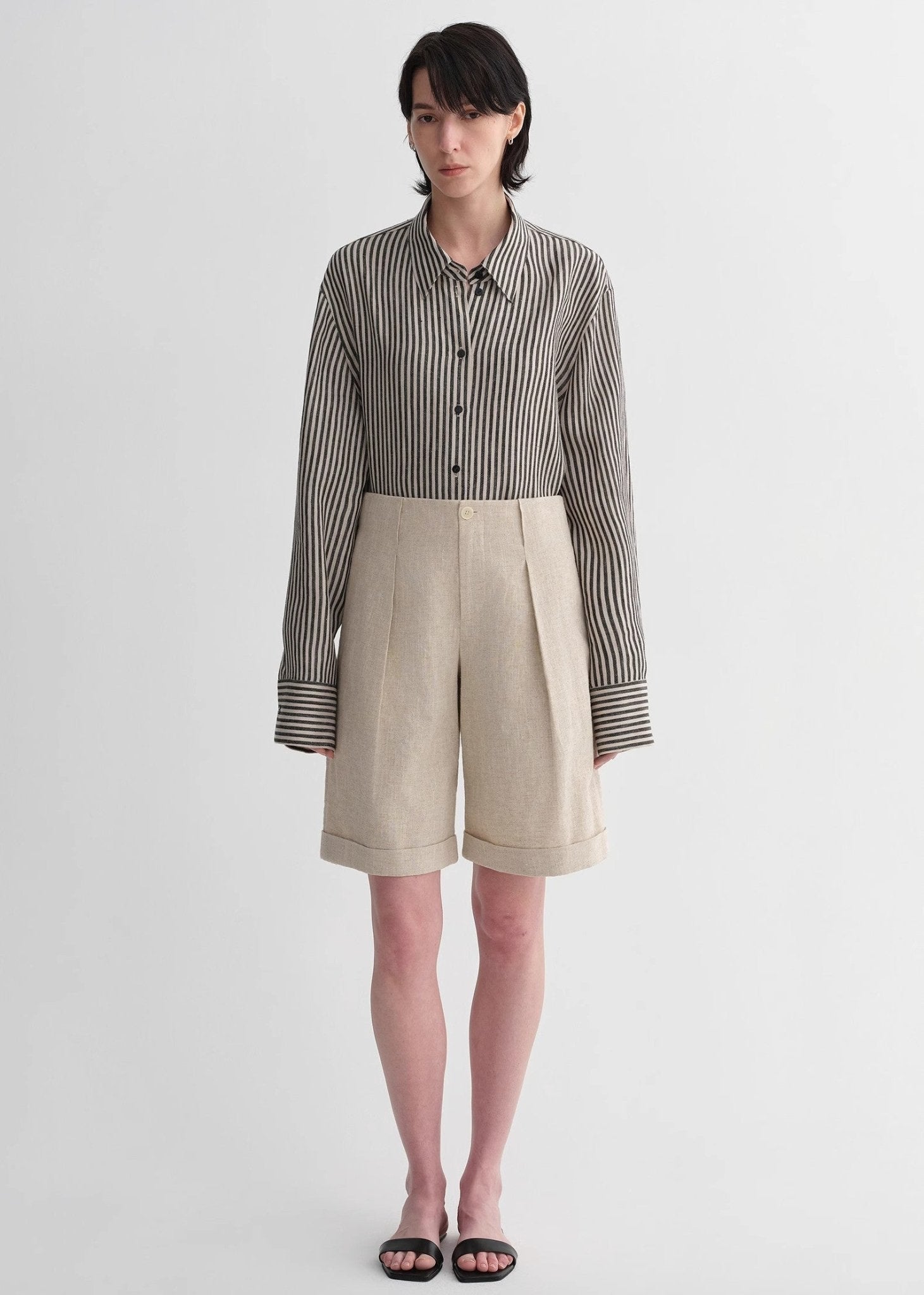 Sophisticated linen waistless pleated wide - leg cropped pants for women, featuring architectural silhouette, textured side pockets - variant_title