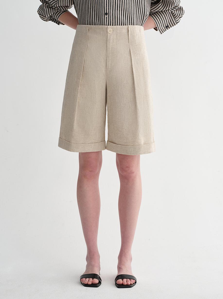 Sophisticated linen waistless pleated wide - leg cropped pants for women, featuring architectural silhouette, textured side pockets - variant_title