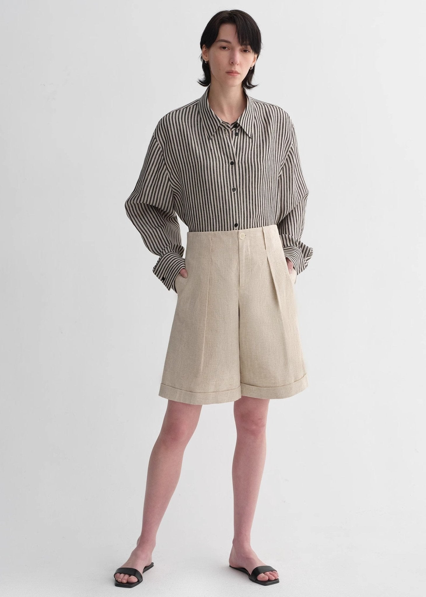 Sophisticated linen waistless pleated wide - leg cropped pants for women, featuring architectural silhouette, textured side pockets - variant_title