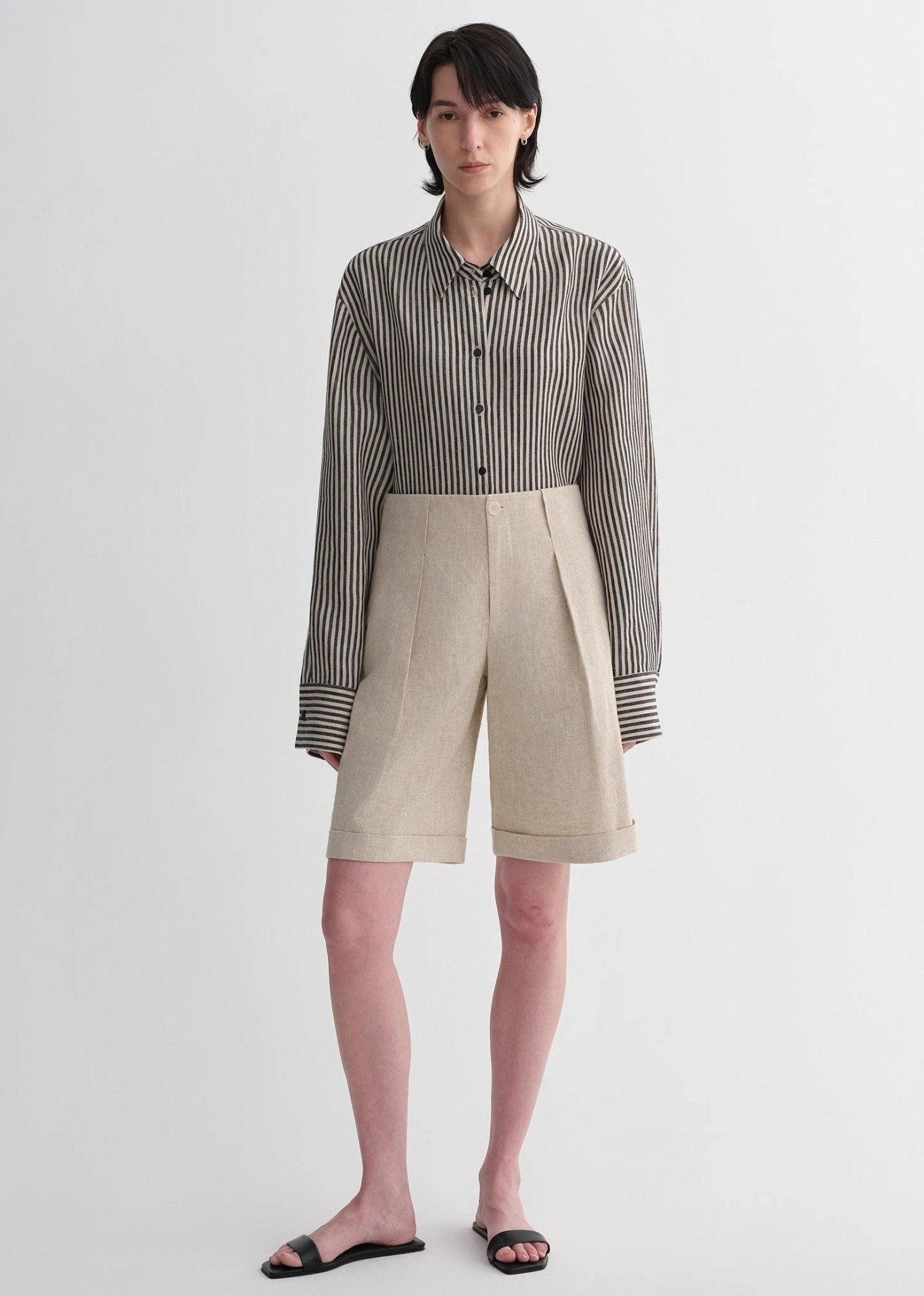 Sophisticated linen waistless pleated wide - leg cropped pants for women, featuring architectural silhouette, textured side pockets - variant_title