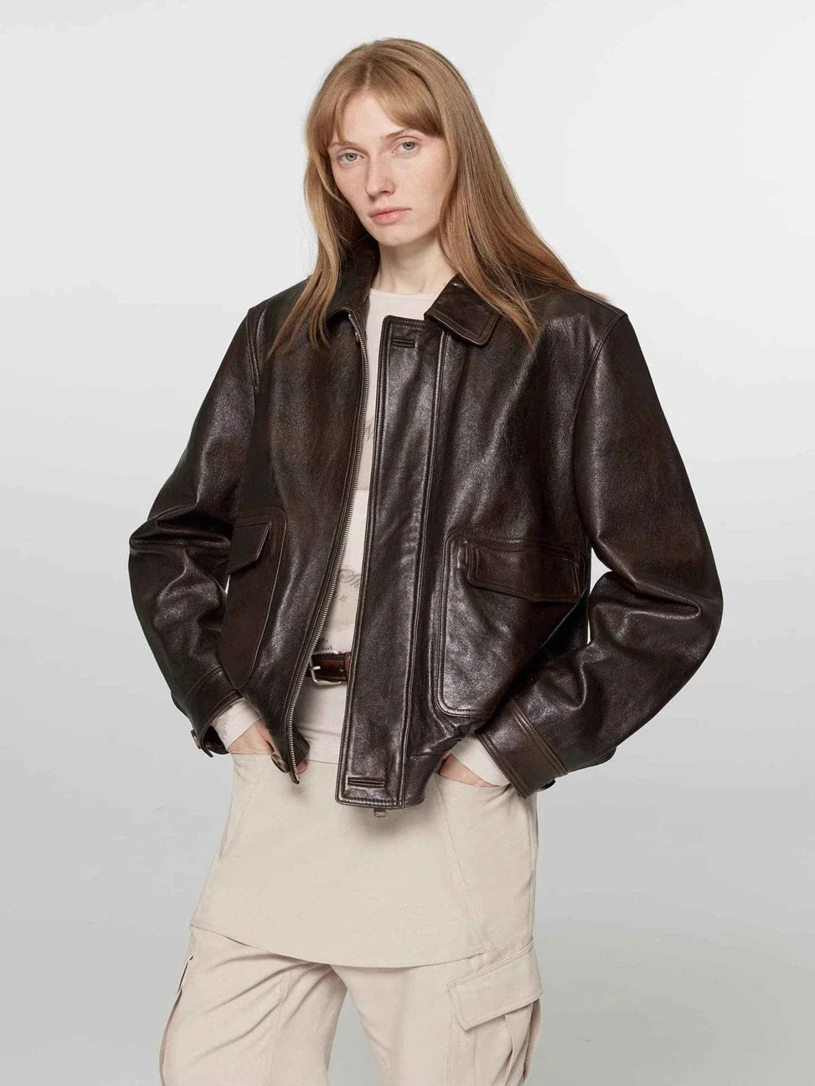 Firelady Fur South City Old Lane dark brown aviator leather jacket front view