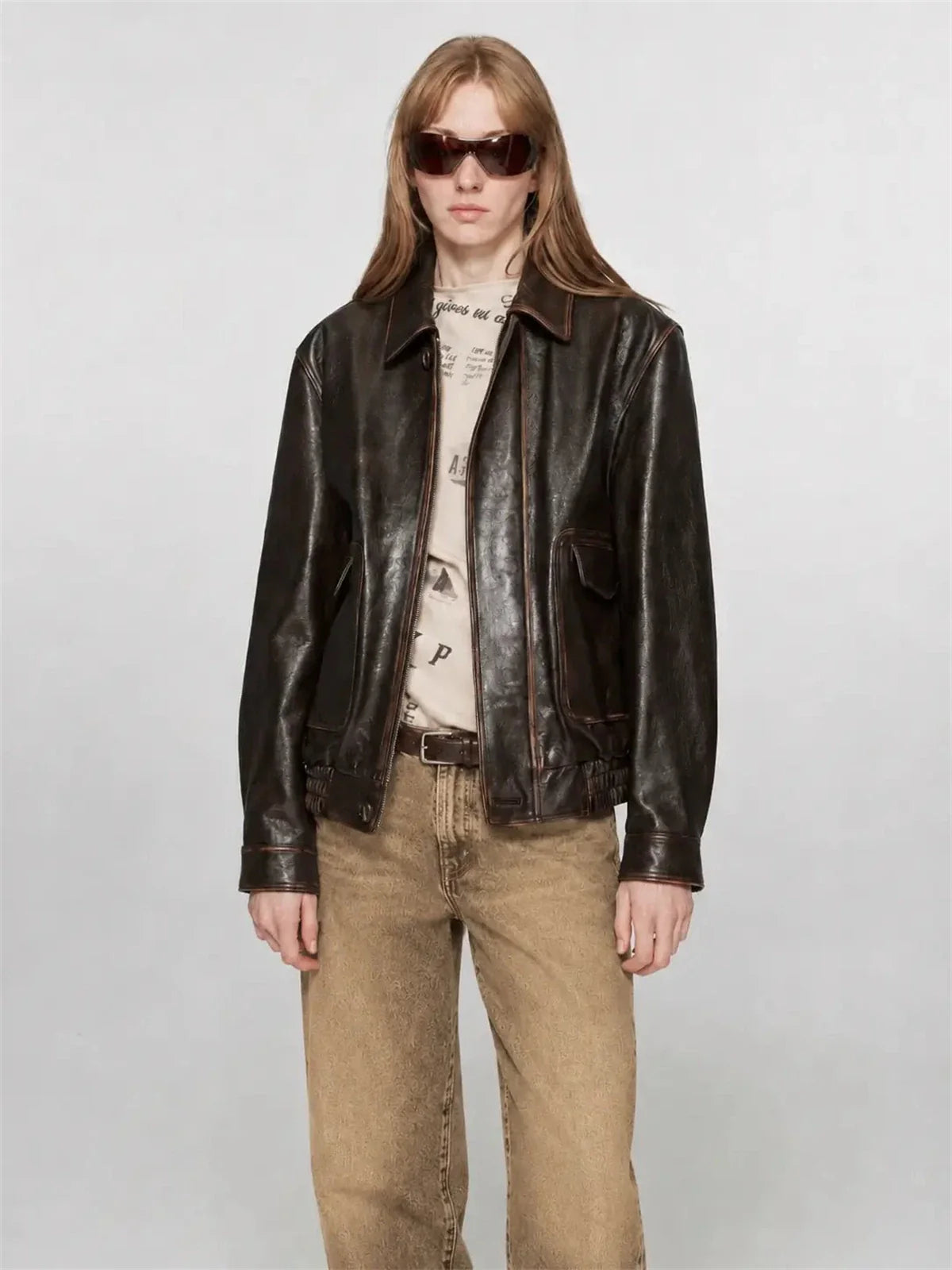 Firelady Fur South City Old Lane vintage aviator leather jacket styled front view
