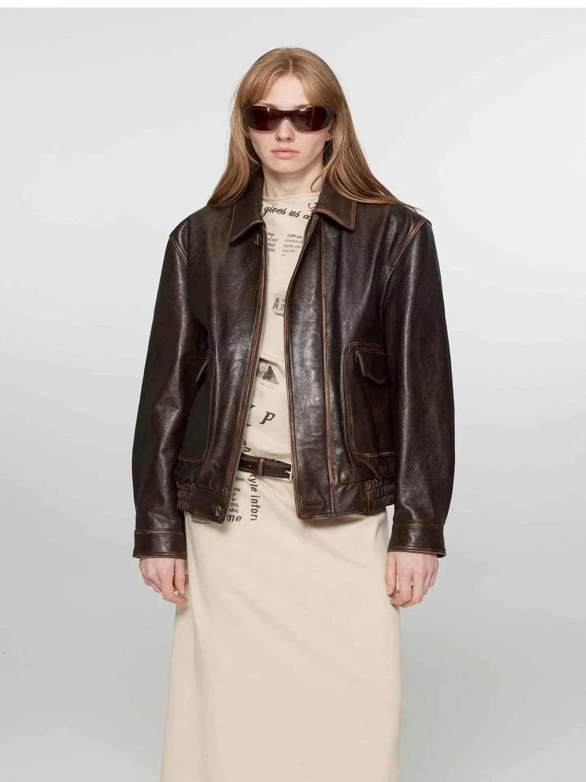 Firelady Fur South City Old Lane wipe-on brown aviator leather jacket front view