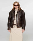 Firelady Fur South City Old Lane wipe-on brown aviator leather jacket front view