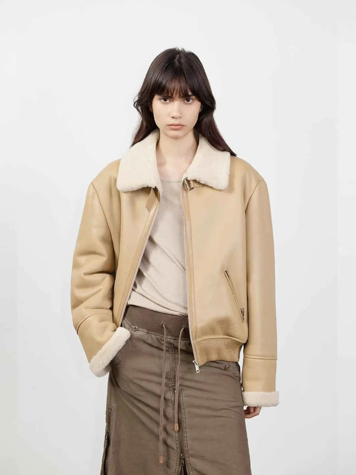 Speedy Flow apricot ash Merino shearling motorcycle jacket front model view