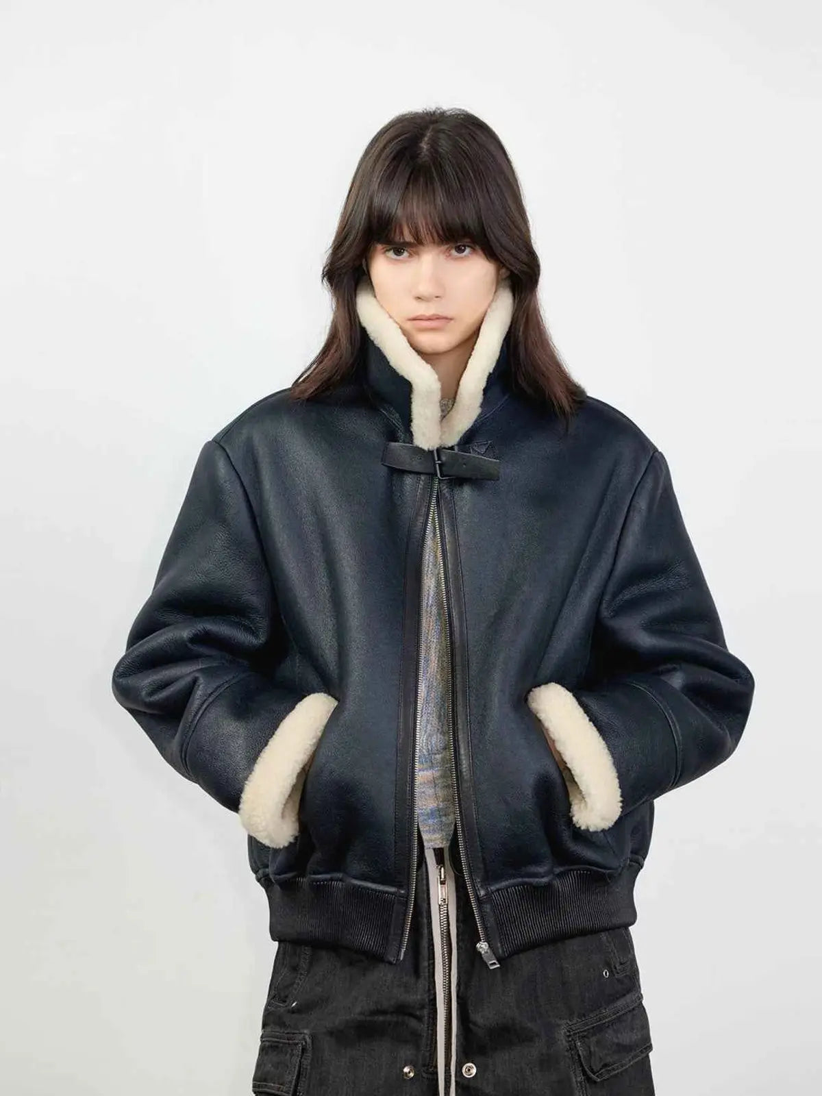 Speedy Flow blue Merino shearling motorcycle jacket front model view
