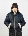 Speedy Flow blue Merino shearling motorcycle jacket front model view