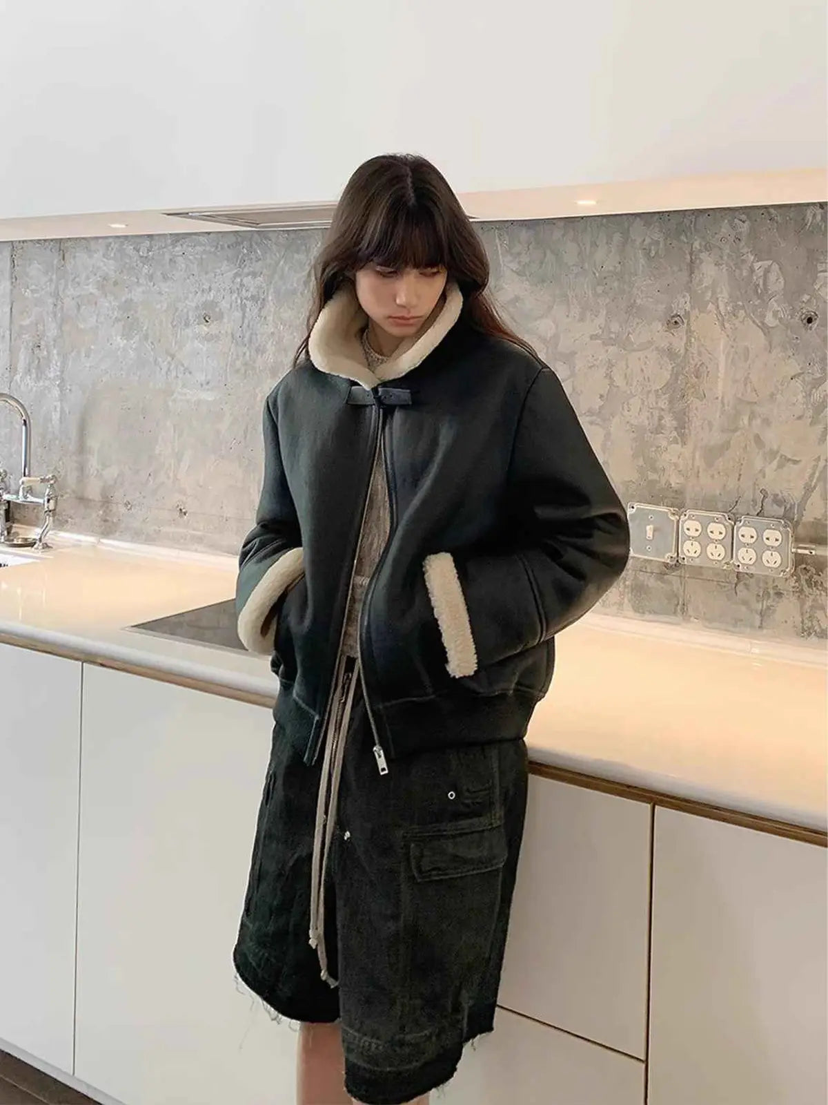 Speedy Flow blue shearling motorcycle jacket casual indoor styling