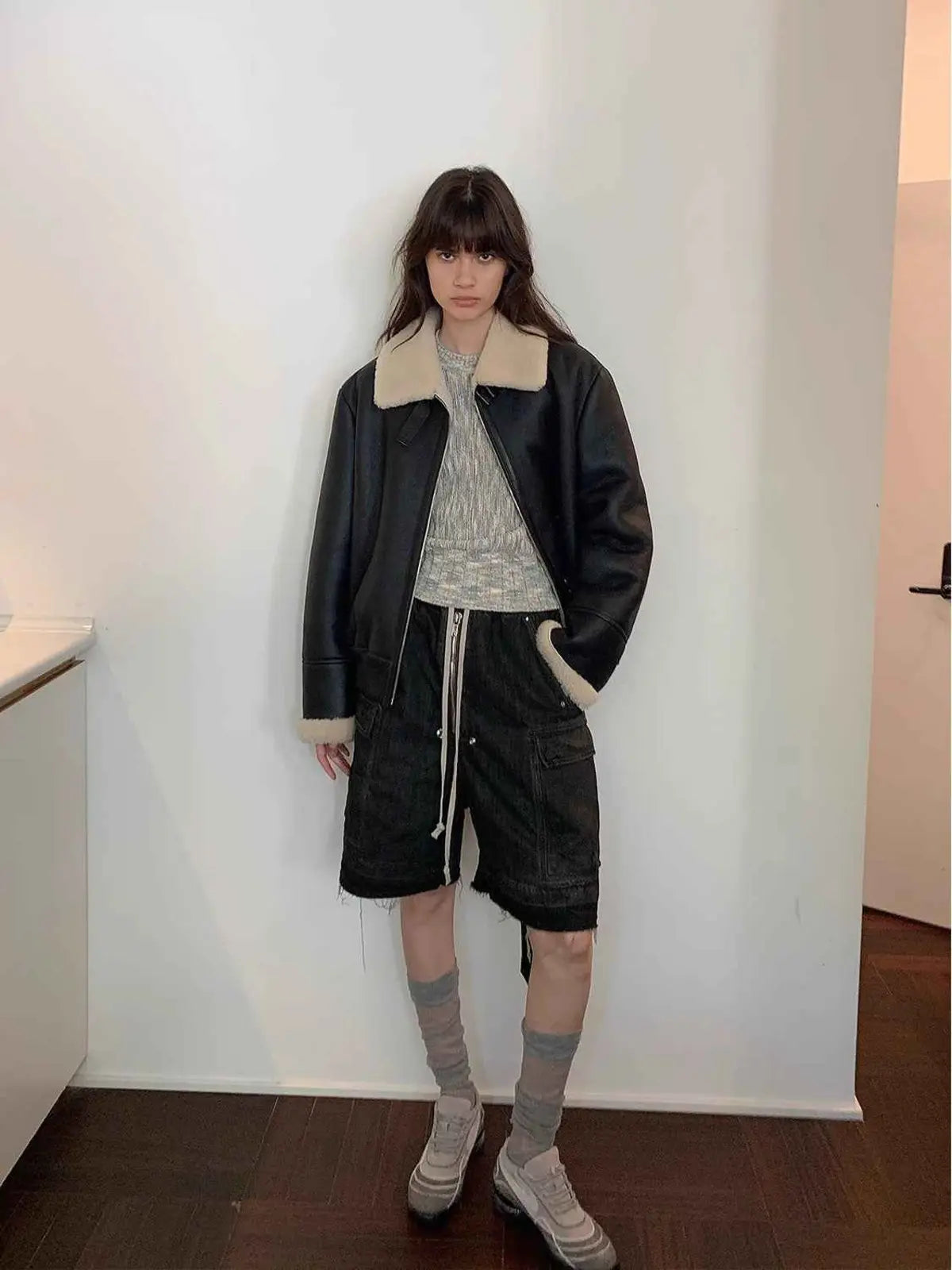 Speedy Flow blue Merino shearling jacket full-length model view