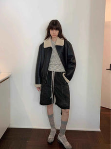 Speedy Flow blue Merino shearling jacket full-length model view