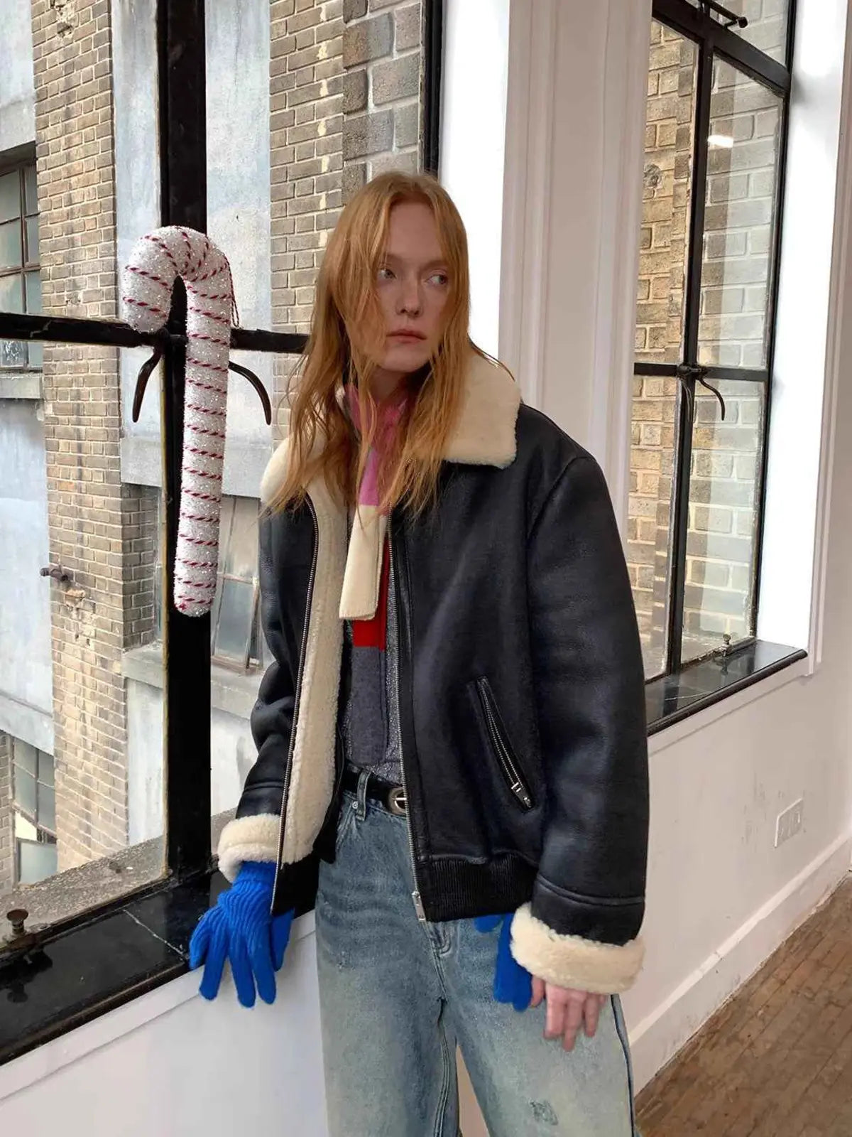 Speedy Flow blue motorcycle shearling jacket window styling view