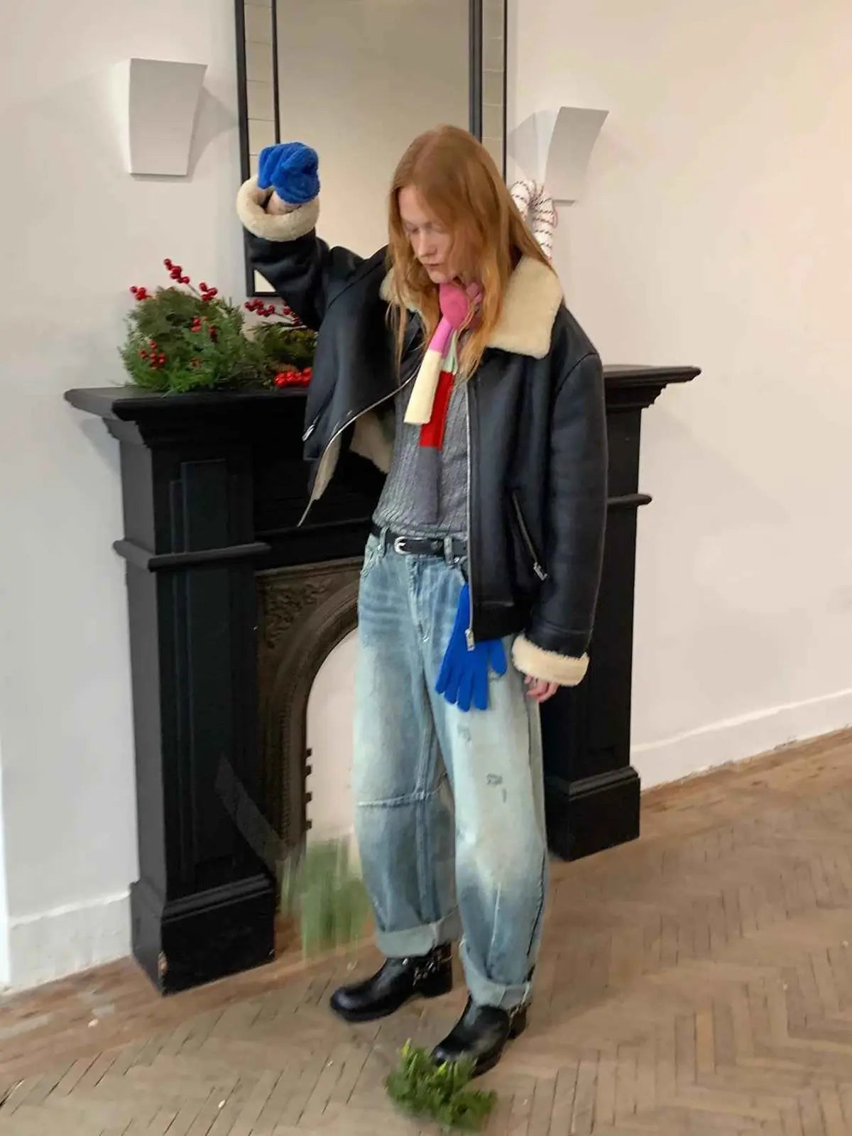 Speedy Flow blue shearling jacket relaxed lifestyle model view