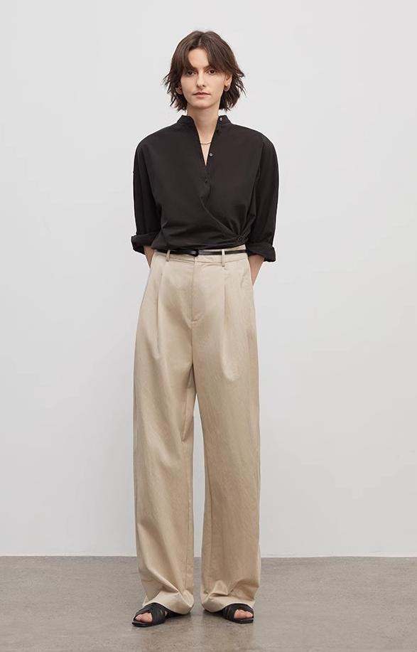 Spliced double - pleat wide - leg trousers straight - leg trousers for women - variant_title