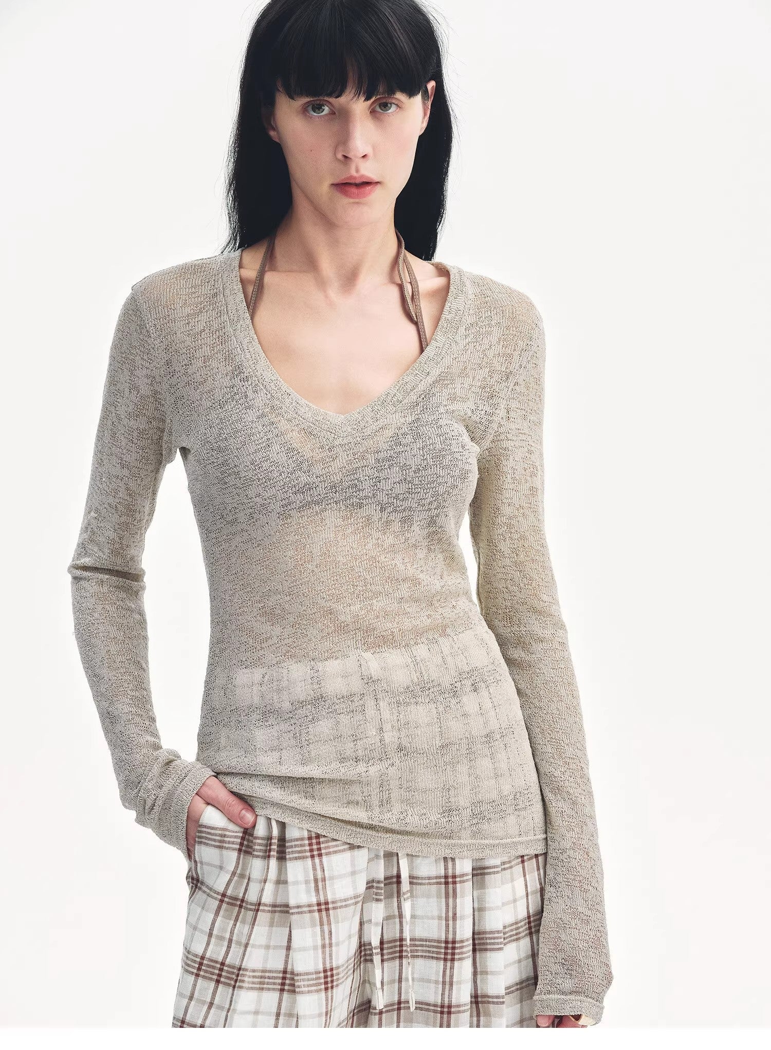 "Spring Old Dream" Loose and versatile slightly hollow V - neck straight shoulder top - variant_title