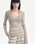 "Spring Old Dream" Loose and versatile slightly hollow V - neck straight shoulder top - variant_title