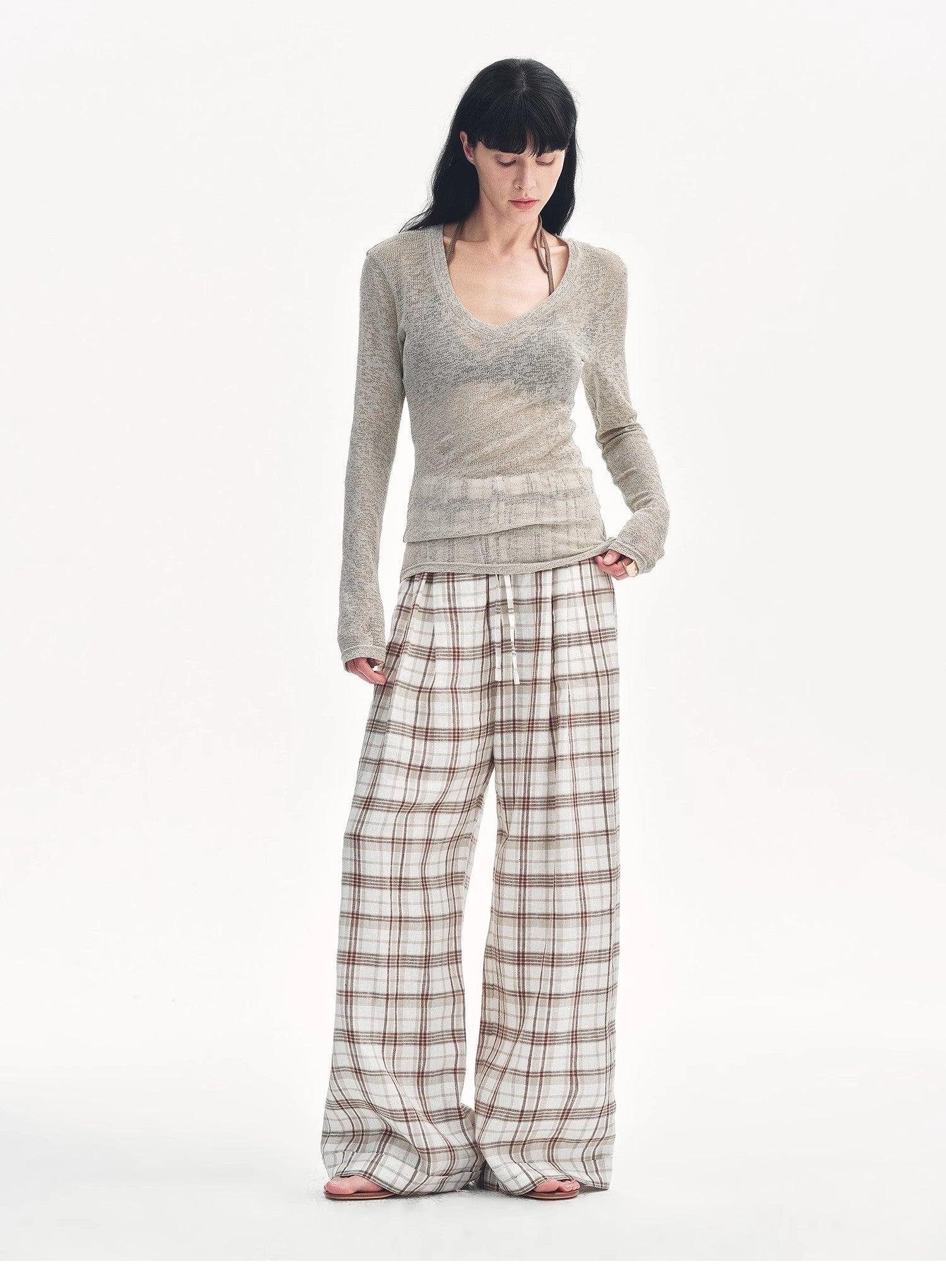 "Spring Old Dream" Loose and versatile slightly hollow V - neck straight shoulder top - variant_title