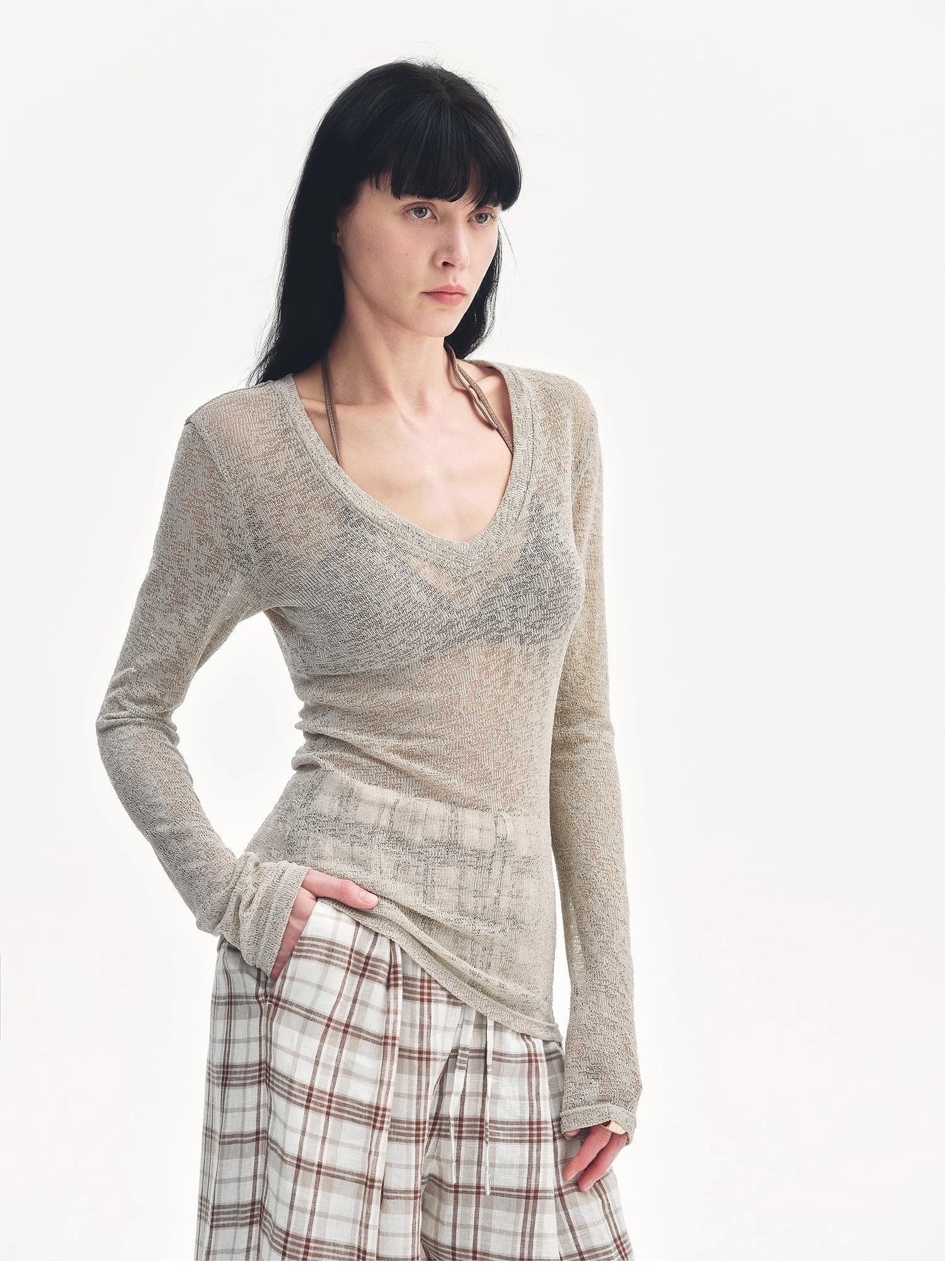 "Spring Old Dream" Loose and versatile slightly hollow V - neck straight shoulder top - variant_title