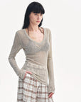 "Spring Old Dream" Loose and versatile slightly hollow V - neck straight shoulder top - variant_title