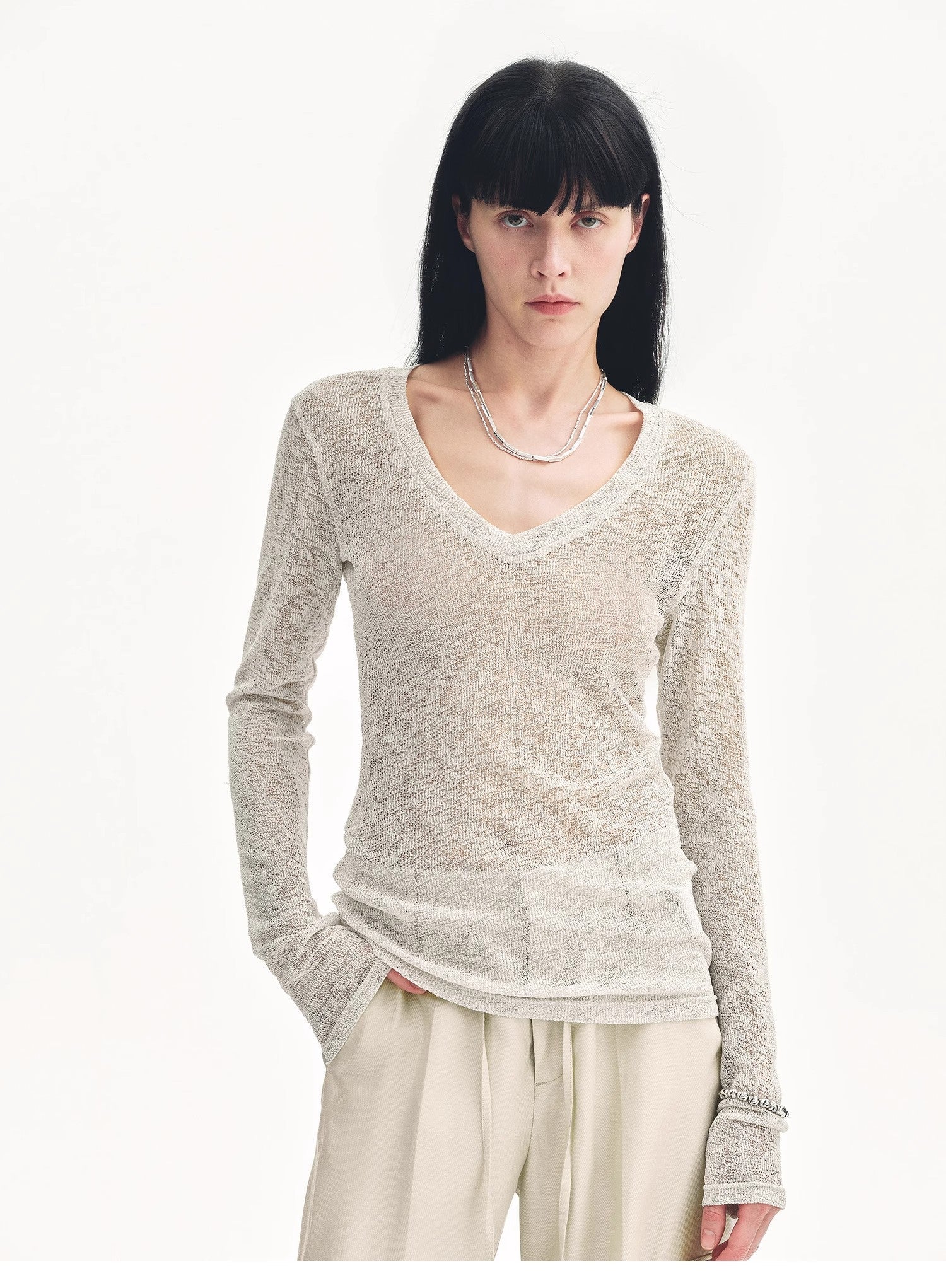 "Spring Old Dream" Loose and versatile slightly hollow V - neck straight shoulder top - variant_title