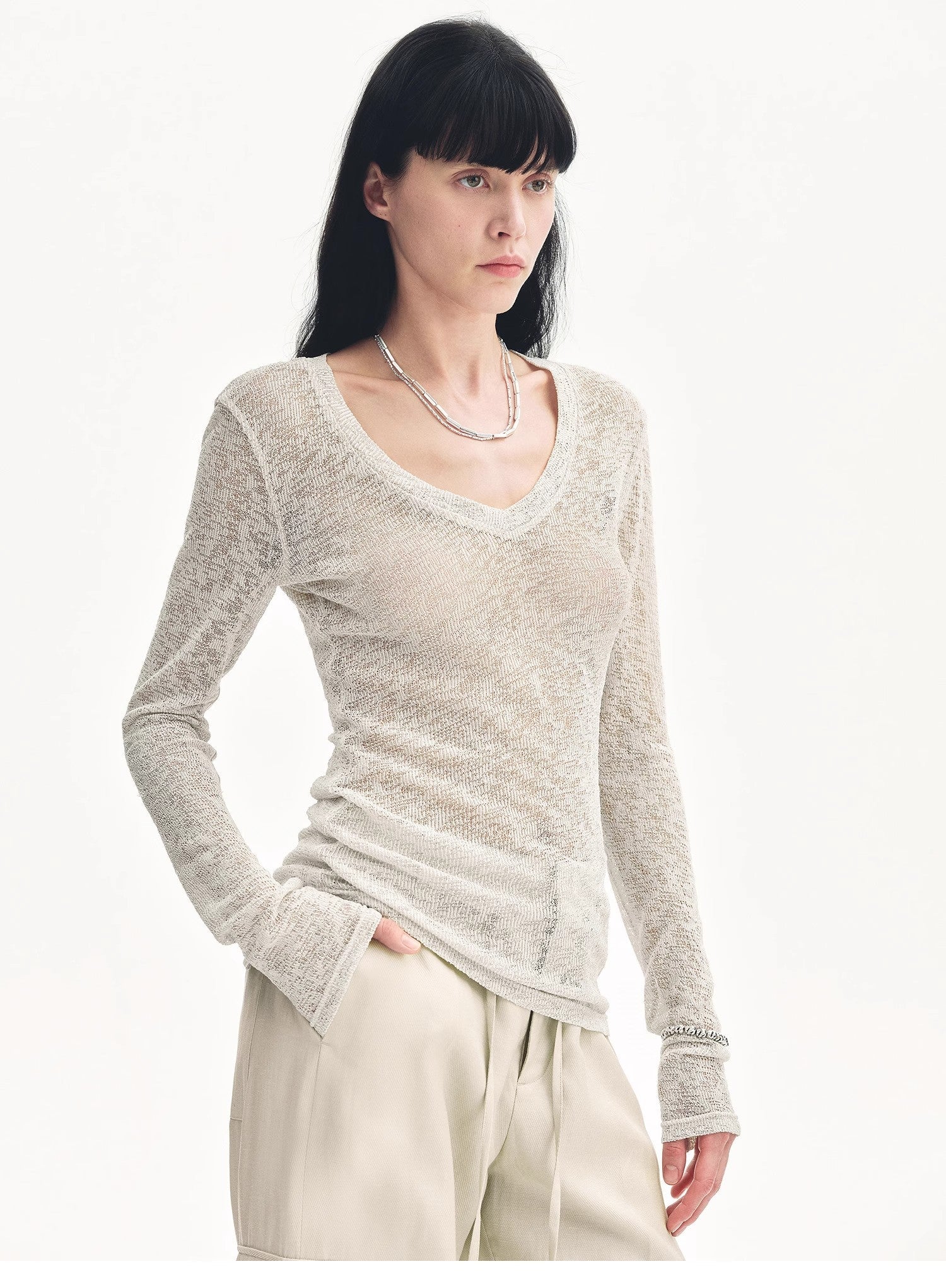 "Spring Old Dream" Loose and versatile slightly hollow V - neck straight shoulder top - variant_title