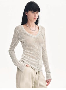 "Spring Old Dream" Loose and versatile slightly hollow V - neck straight shoulder top - variant_title