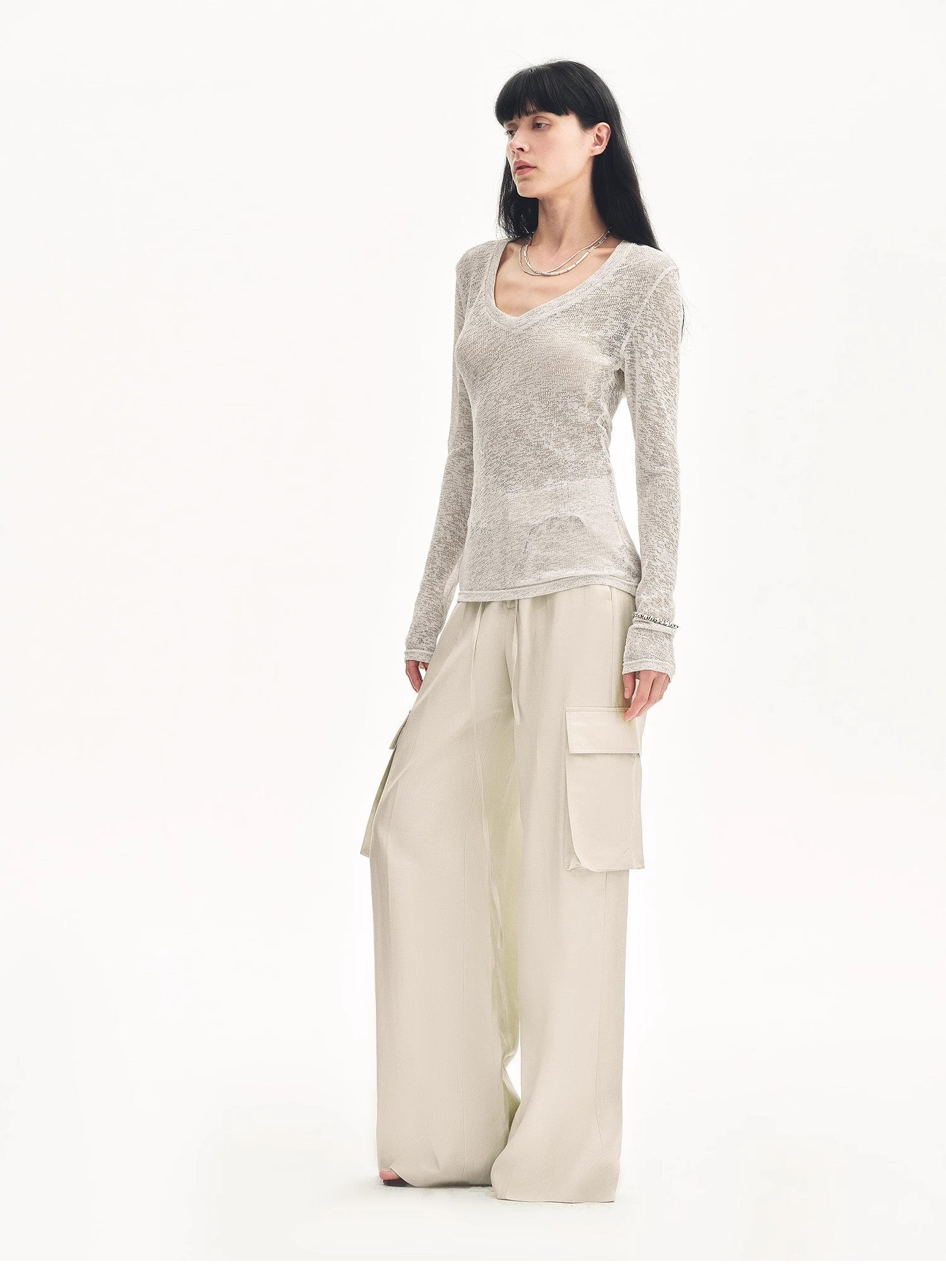 "Spring Old Dream" Loose and versatile slightly hollow V - neck straight shoulder top - variant_title