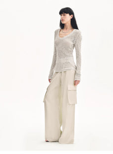"Spring Old Dream" Loose and versatile slightly hollow V - neck straight shoulder top - variant_title