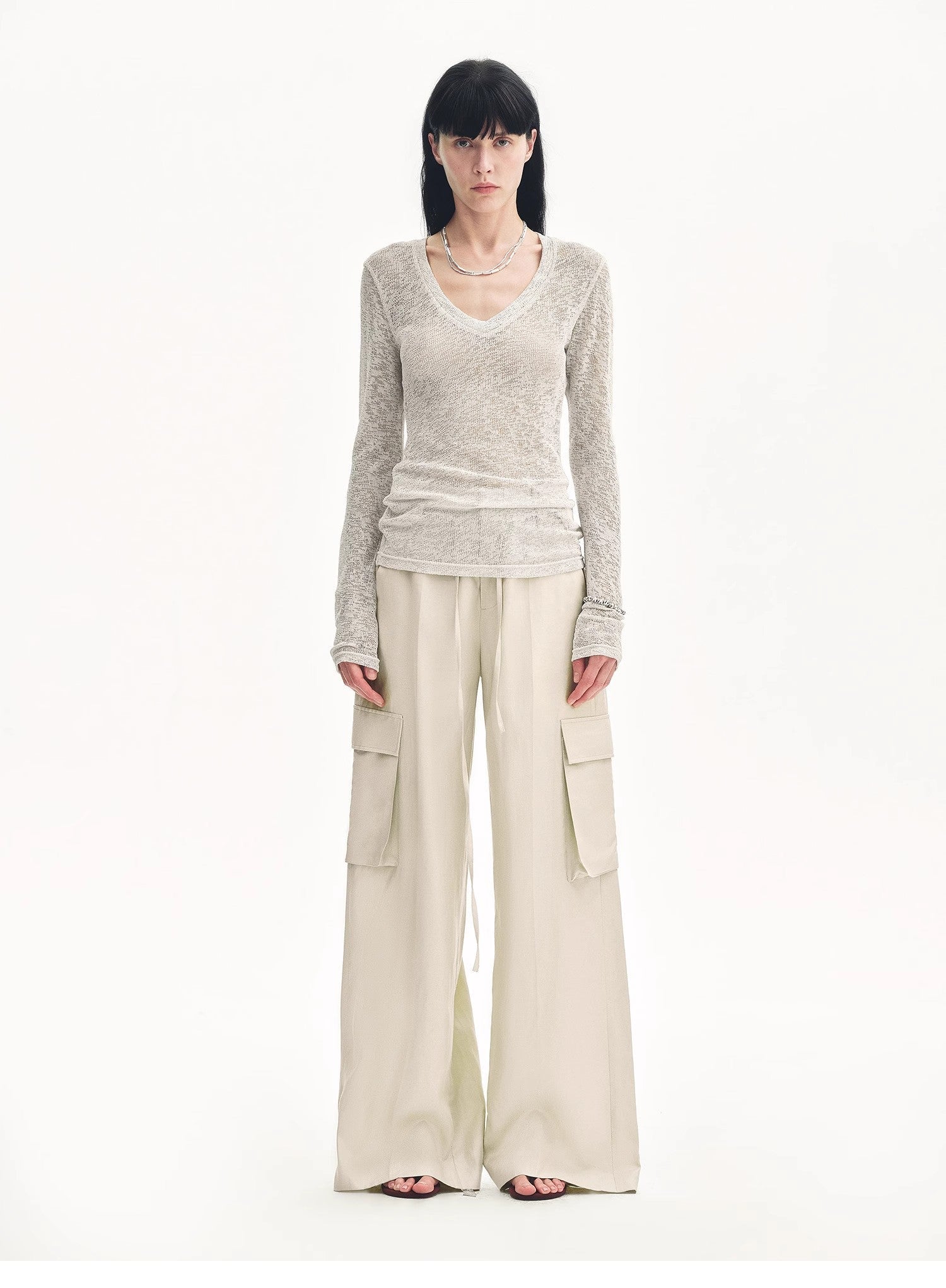 "Spring Old Dream" Loose and versatile slightly hollow V - neck straight shoulder top - variant_title