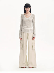 "Spring Old Dream" Loose and versatile slightly hollow V - neck straight shoulder top - variant_title