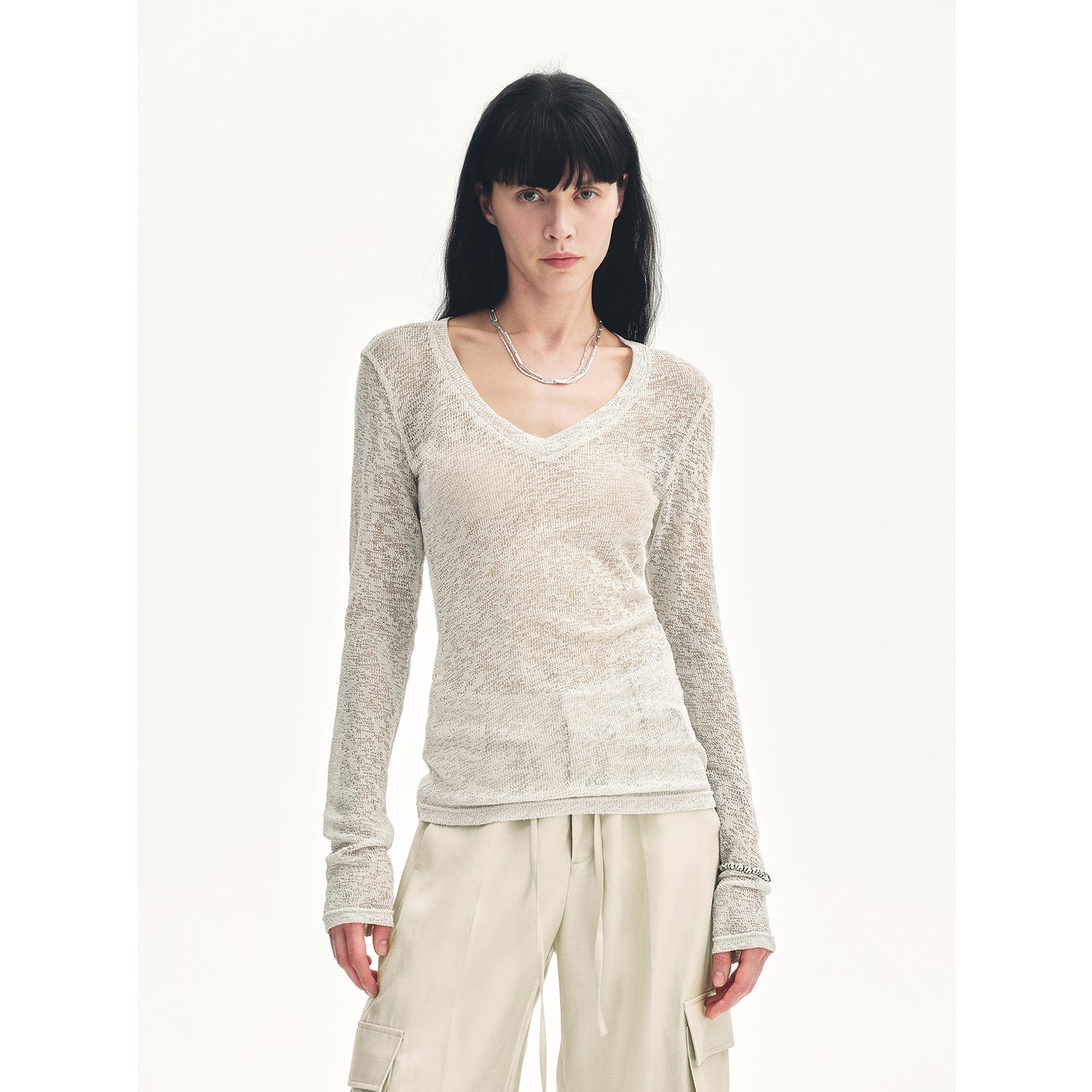 "Spring Old Dream" Loose and versatile slightly hollow V - neck straight shoulder top - variant_title