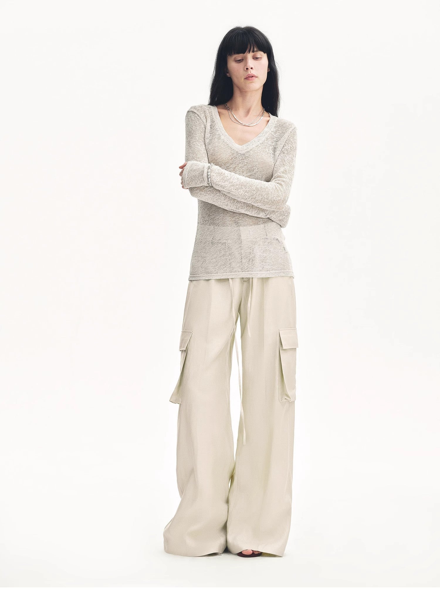 "Spring Old Dream" Loose and versatile slightly hollow V - neck straight shoulder top - variant_title