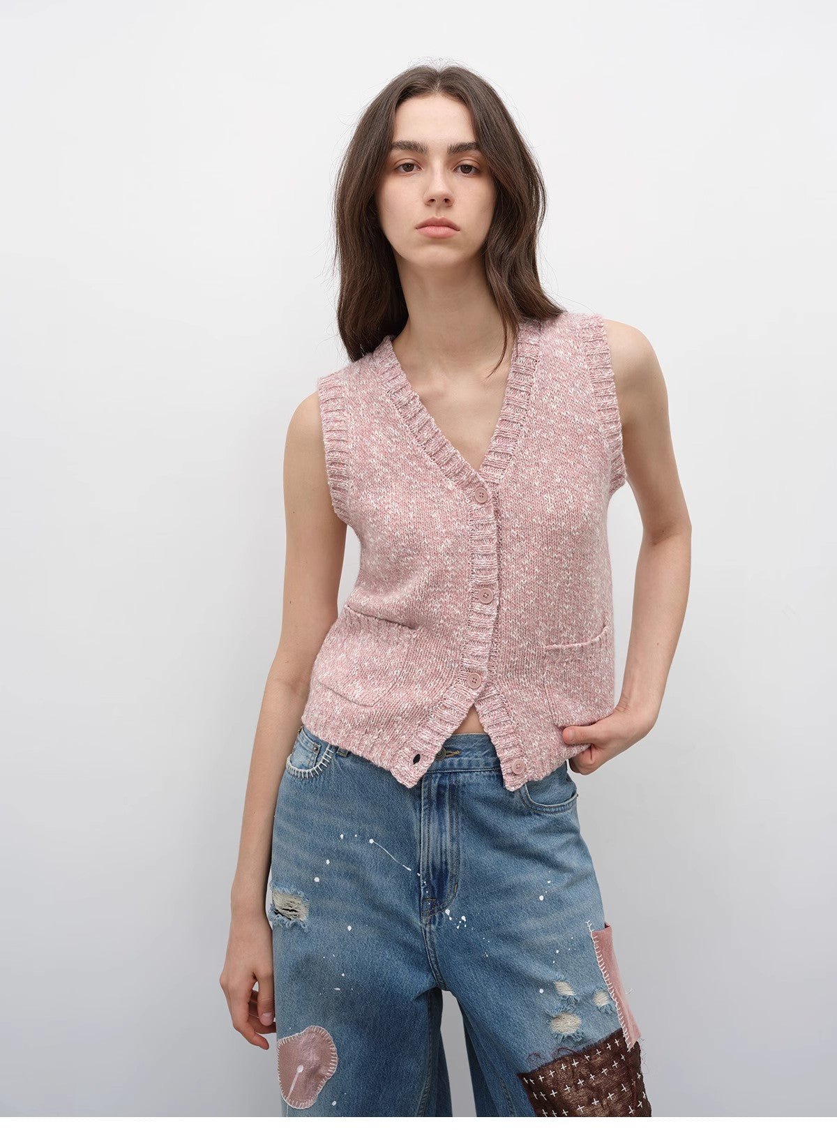 "Stacking Rehearsal" Fashionable vintage style layering artifact wool blend dotted V - neck knitted vest for autumn - variant_title