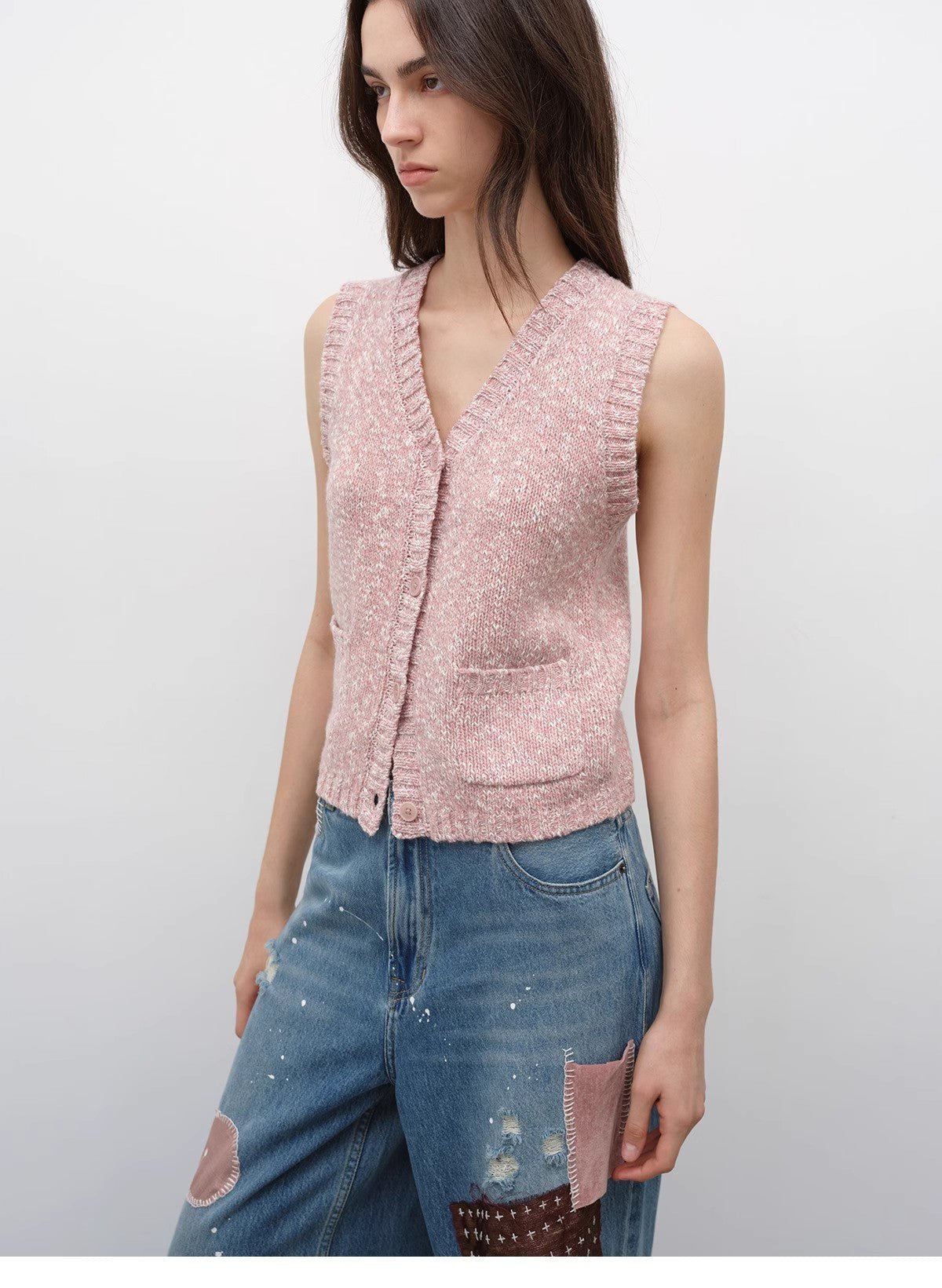 "Stacking Rehearsal" Fashionable vintage style layering artifact wool blend dotted V - neck knitted vest for autumn - variant_title