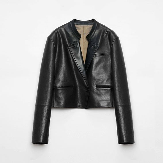Stand Collar Suit Sheepskin Leather Short Jacket "Roman Story"Firelady Fur