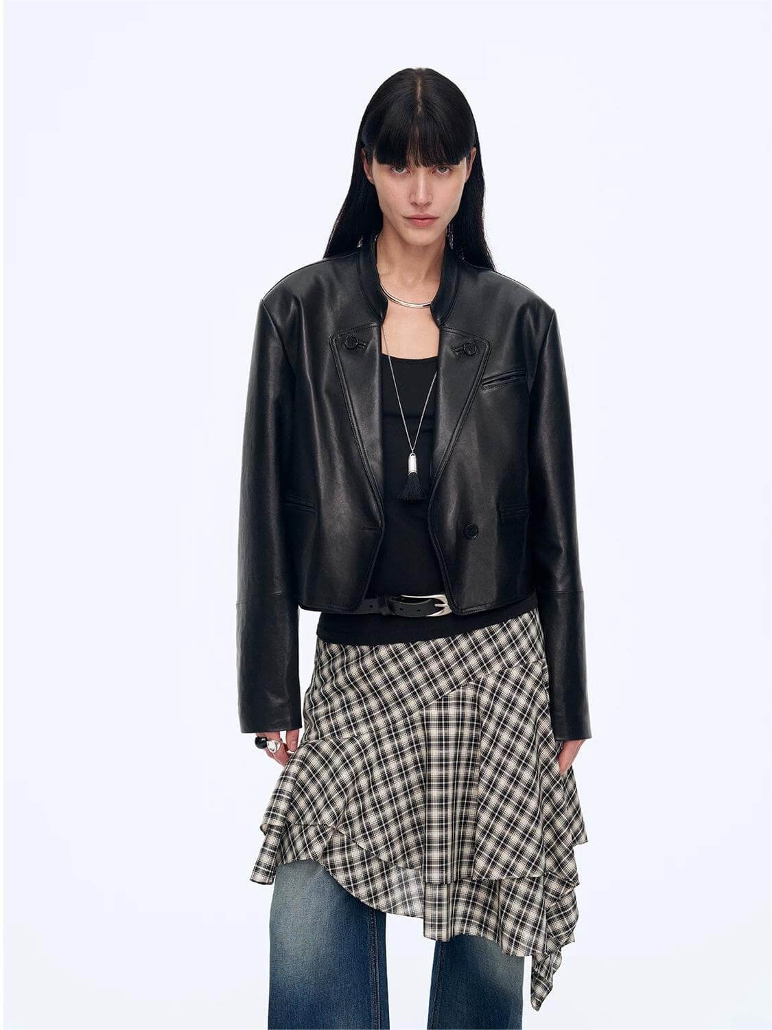 Stand Collar Suit Sheepskin Leather Short Jacket "Roman Story"Firelady Fur